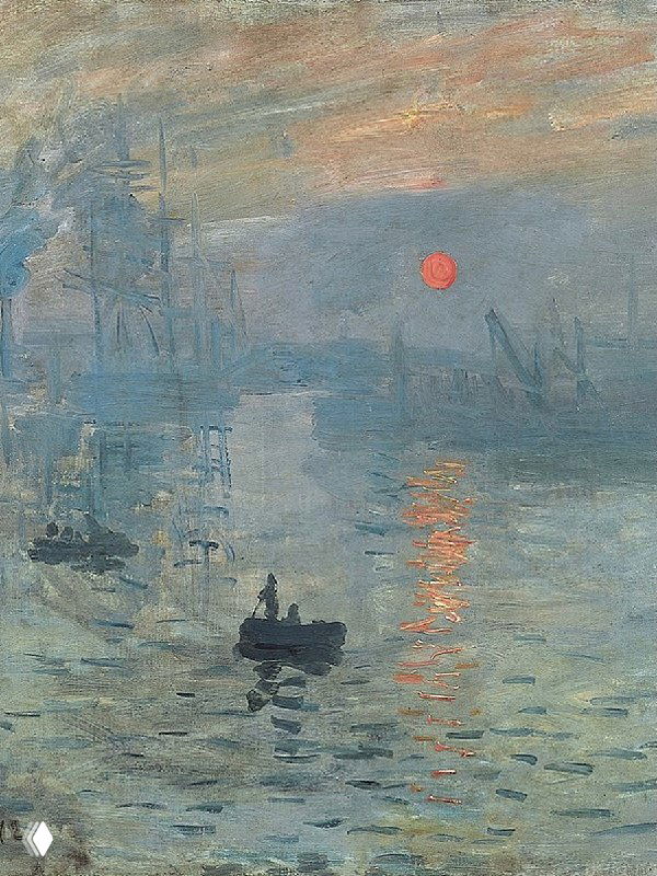 Фрагмент картины Клода Моне «Впечатление. Восход солнца»: туманная морская сцена с лодками и оранжевым солнцем, служащая референсом для проекта.