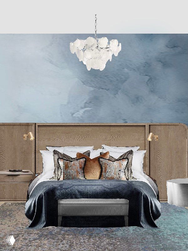 Визуализация спальни проекта: большая кровать на спокойном фоне стен, акцентный сине‑бирюзовый декор и декоративная люстра над изголовьем.