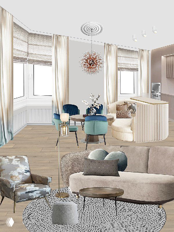 Гостиная-столовая: светлое пространство с круглым обеденным столом, синие стулья и мягкая зона с диваном, гармония текстур и оттенков.