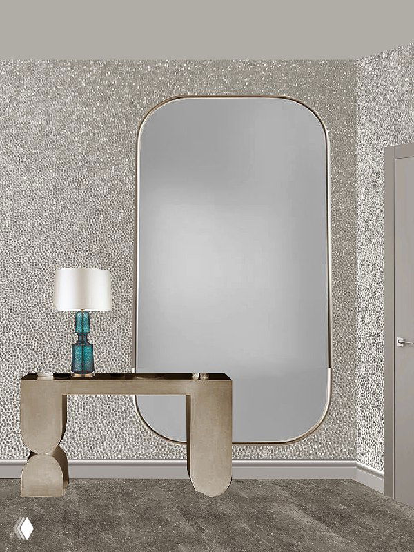 Декоративная зона с большим зеркалом и консолью: нейтральные текстуры стен, зеркало в арочной раме и акцентная лампа на столике.