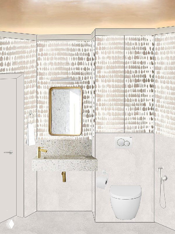 Минималистичная санитарная зона: светлая отделка, подвесная сантехника и нейтральный рисунок плитки — часть концепции светлого уютного интерьера.