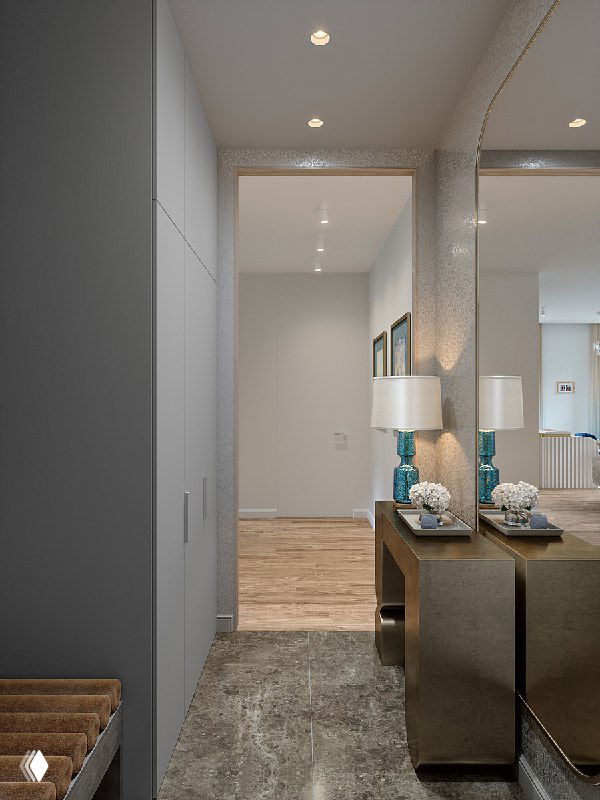 Общий вид прихожей через зеркальное отражение: консоль с лампой, зеркало, коридор и тёмный пол — атмосфера, вдохновлённая картиной Моне.