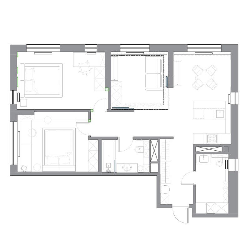 План четырёхкомнатной квартиры 82 кв. м в ЖК «Татлин» — чертёж с расположением комнат и обозначением объединённой кухни‑гостиной, спален и санузлов.