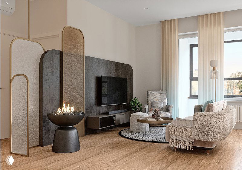 Гостиная зона с уютным диваном из велюра и букле, рельефные стеклянные перегородки, низкий столик и декоративный ковер в нейтральной палитре интерьера.