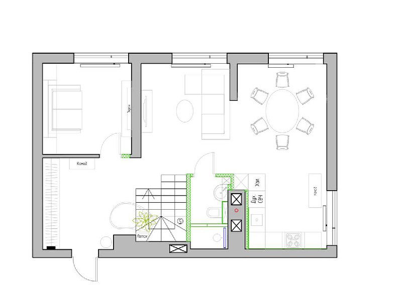 План этажа первого уровня двухуровневой квартиры: видна кухня-гостиная, место для лестницы, уменьшенный санузел и коридор, показаны перегородки.