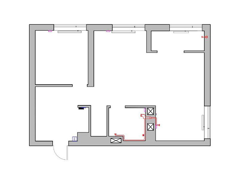 Исходная планировка до изменений: видна исходная расстановка стен, коридор и расположение санузла, варианты мест для перегородок и проходов.