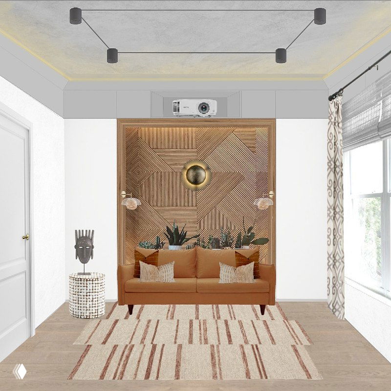 Встроенная уютная ниша с деревянной панелью и мягким диваном в тёплых природных тонах, декоративные подушки и текстуры дерева создают атмосферу прайда.