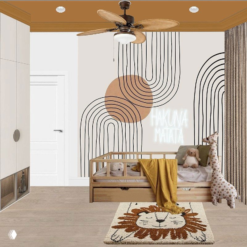 Детская зона с кроваткой и ковриком в виде льва, графическая настенная роспись и натуральные текстуры в спокойной джунглевой палитре.