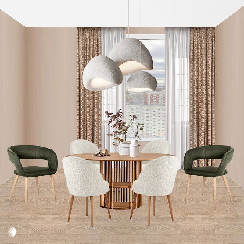 Обеденная зона с круглым столом, мягкими стульями и объёмными подвесными светильниками в минималистичной джунглевой палитре.