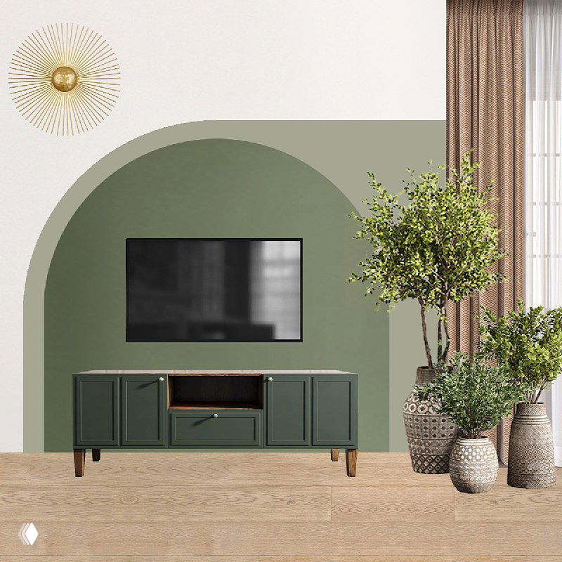 Медиа‑зона с тёмно‑зелёной телевизионной тумбой, декоративными горшками и арочным оформлением стены в стиле джунглей.