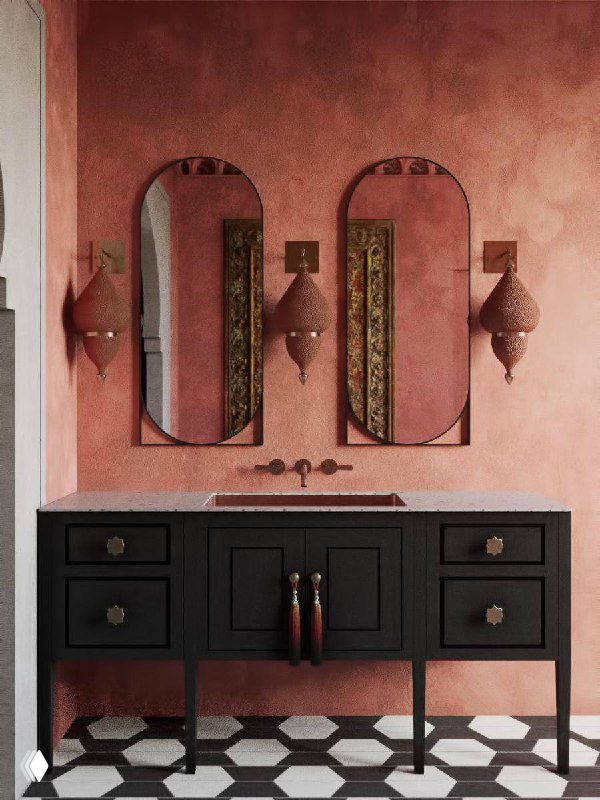 Умывальная зона в тёплых терракотовых тонах с чёрной тумбой и парой овальных зеркал, атмосфера винтажной элегантности и декоративных светильников.