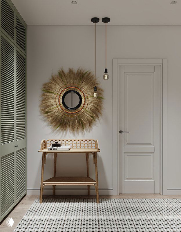 Фрагмент тропической прихожей: шкаф с жалюзийными дверцами вдоль стены, бамбуковая консоль и зеркало с бахромой из растительного волокна.