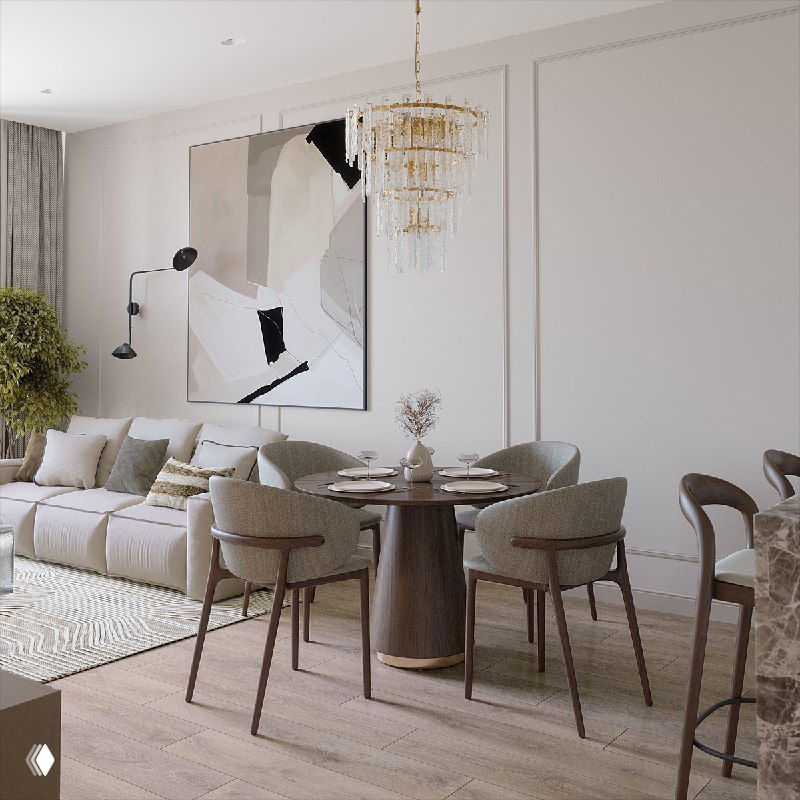 Гостиная с диваном, обеденным круглым столом и крупной абстрактной картиной; светлая палитра и элегантная люстра в проекте.