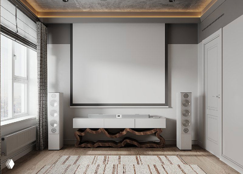 Домашний кинотеатр в библиотеке проекта: опущенный экран для просмотра, консоль под ним и аккуратная светлая отделка с бетонным потолком.