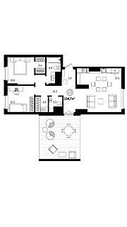 Чёрно-белый план квартиры 104 кв. м с большой террасой: видны расположение комнат, кухня-гостиная, коридор и отдельная постирочная.