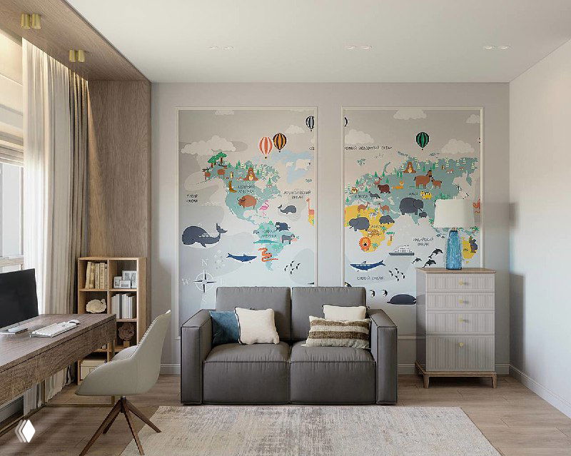 Ракурс детской комнаты с декоративными фотообоями Youwall в молдингах, небольшой комод, диван и элементы системы хранения вдоль стены, мягкая цветовая гамма.