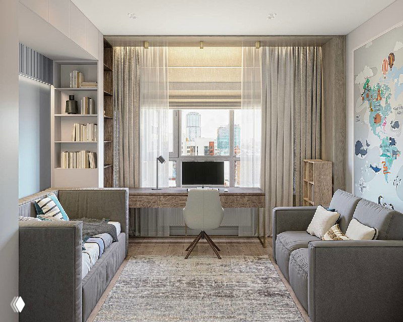 Вид на рабочую зону у окна: широкий письменный стол, удобный стул, стеллажи и симметричные диваны по бокам, исполнение в нейтральных серо-бежевых тонах для детской 'на вырост'.