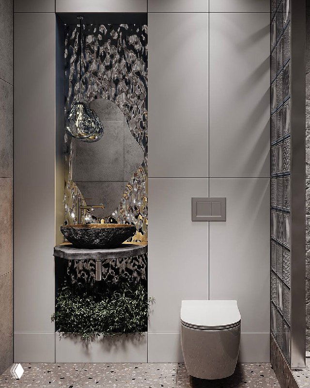 Крупный план санузла: ровные МДФ-панели, зеркало, раковина и зелёная растительность на фоне стеклоблоков Keramoss и керамогранита Grasaro.