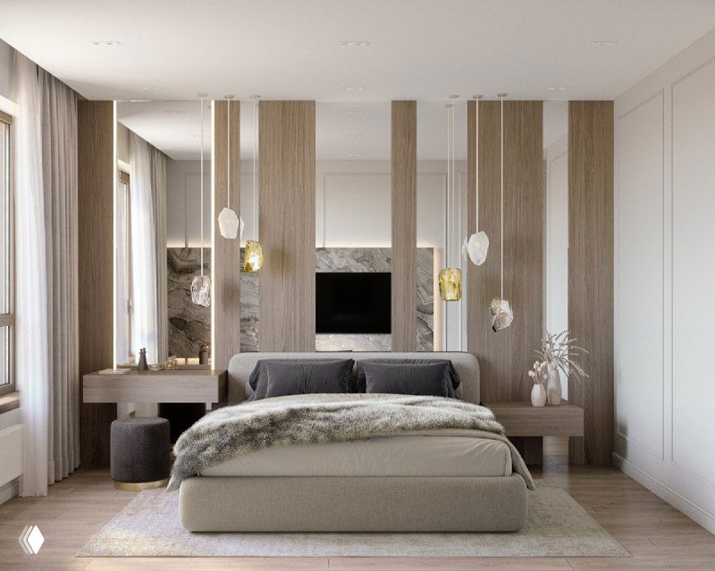 Лаконичная мастер-спальня в нейтральных тонах: большая подъемная кровать, шпонированные вертикальные панели и зеркала над изголовьем, текстиль и акцентное освещение.