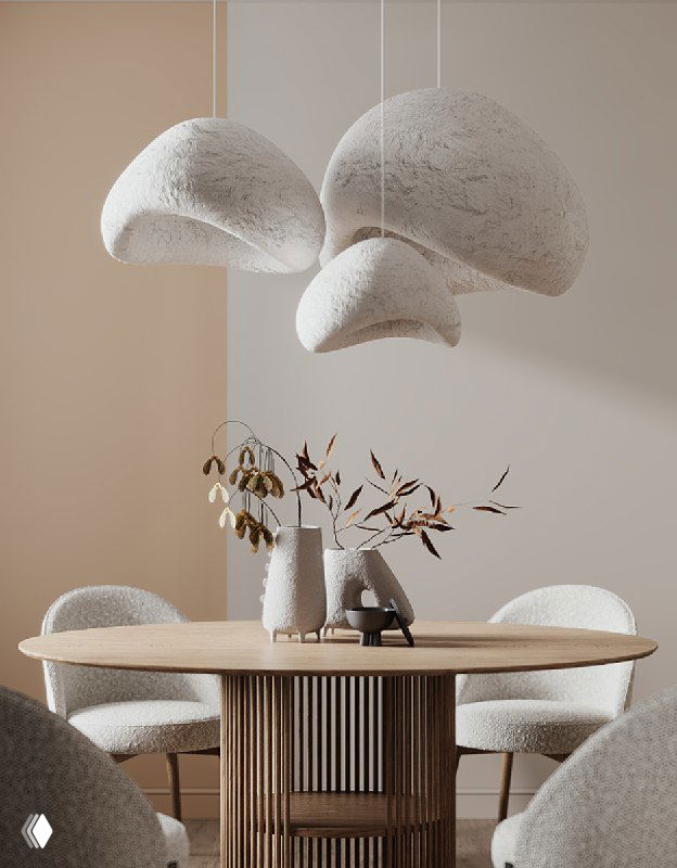 Овальная столовая зона проекта: деревянный овальный стол, мягкие белые и зеленые стулья и крупные текстурные подвесные светильники в нейтральной палитре.