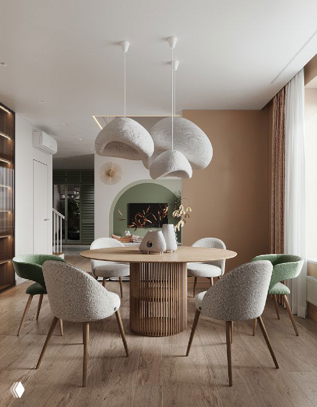 Вид столовой и прохода в кухню: сочетание бежевых и зеленых тонов, текстурные светильники над столом и аккуратная расстановка мебели в проекте.