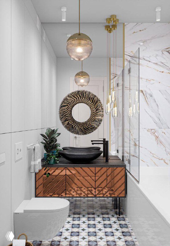 Небольшая элегантная ванная с круглым зеркалом и декоративной деревянной тумбой, контрастная раковина и тщательно подобранные аксессуары для шарма интерьера.