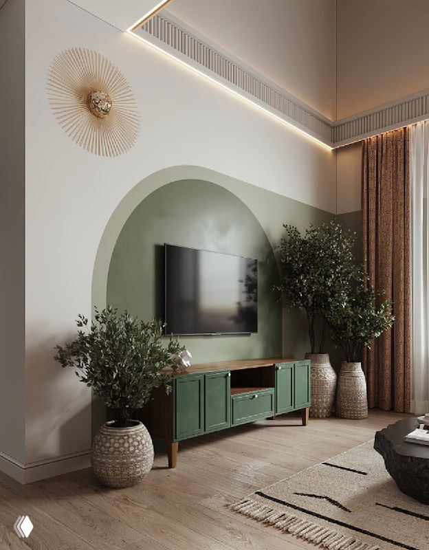 ТВ-зона с арочным зеленым акцентом и комодом, крупные вазоны и декоративный светильник создают эффект пещерной эстетики в гостиной.