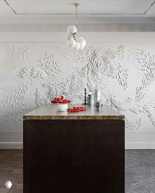 Фотография островной кухни: тёмный монолитный остров с каменной столешницей, выдвижная рабочая поверхность и декоративный барельеф студии КимАрт на светлом фоне.