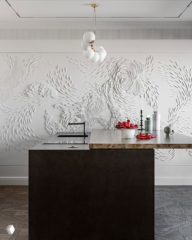 Фотография рабочего острова с интегрированной мойкой и зоной готовки: техника скрыта в выдвижной столешнице, на фоне виден объёмный рельеф от КимАрт.