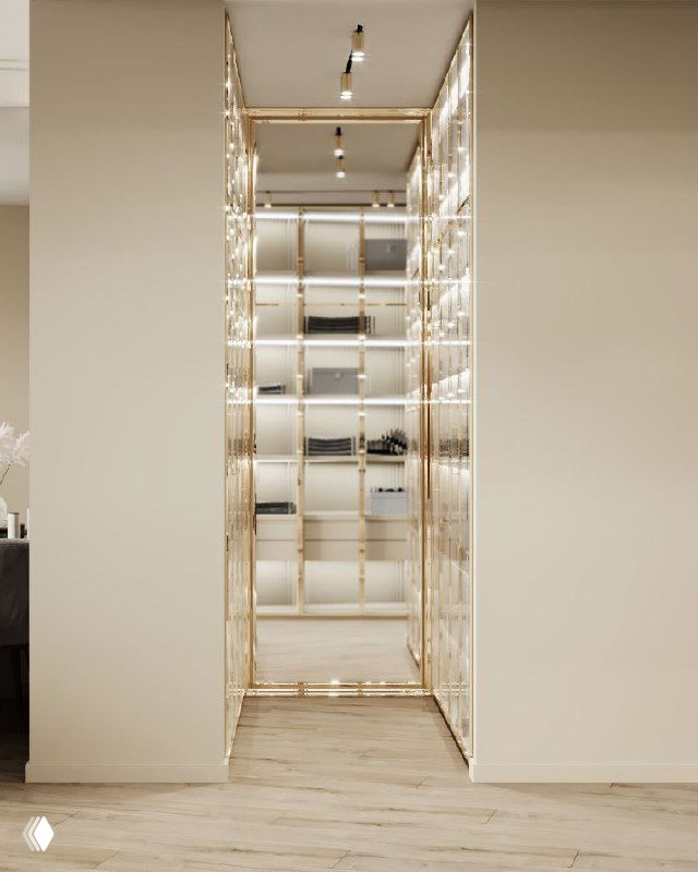 Гардеробная часть мастер‑спальни с зеркалами и открытыми полками: продуманное освещение и организация хранения вещей в светлом интерьерном решении.