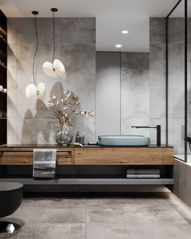 Ванная комната мастер‑спальни в современном стиле: плитка под бетон, деревянная столешница, подвесная раковина и декоративные светильники над рабочей зоной.
