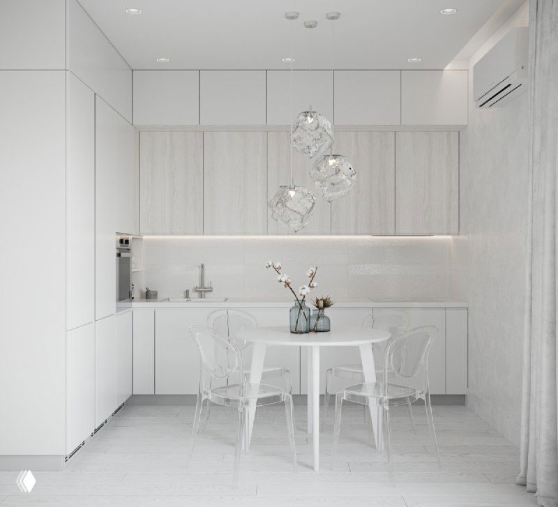 Общий вид белой кухни в проекте: встроенные шкафы, рабочая зона и стол с прозрачными креслами под группой подвесных ламп, визуализация спокойного интерьера.