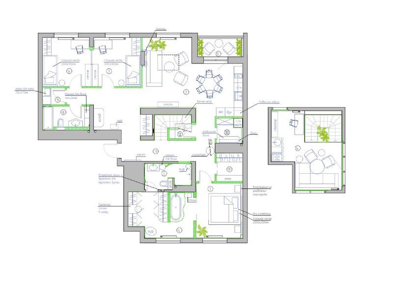 Цветной поэтажный план с расстановкой мебели и пометками: кладовая под лестницей, постирочная, зоны детских и мастер-спальни.