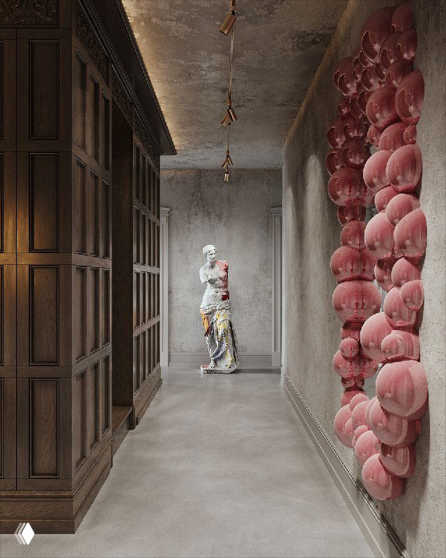 Интерьерный коридор с наливным полом под бетон без стыков, массивными деревянными шкафами слева, розовой объемной инсталляцией справа и статуей Венеры в центре