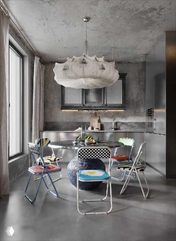 Фронтальный ракурс столовой: стол MOON, объемная текстильная люстра и разноцветные складные стулья, нейтральная серая отделка и окно слева.