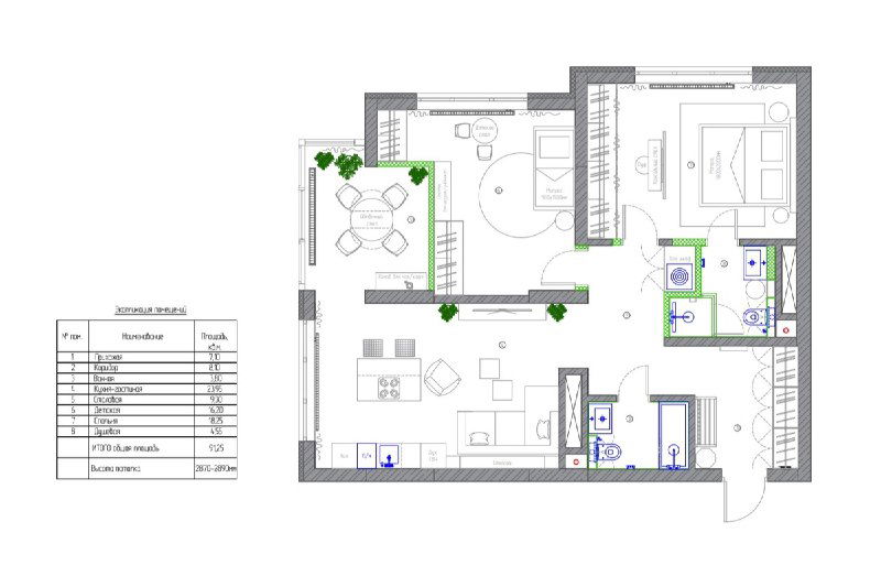 План перепланированной квартиры: расположение кухни‑гостиной с островом и диванной группой, столовой на лоджии и хозяйственного блока.