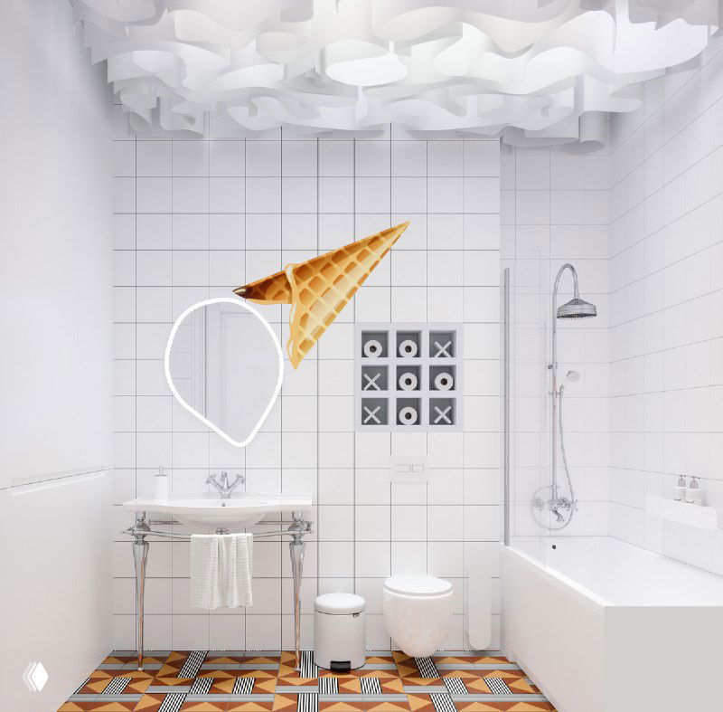 Рендер ванной в стиле «мороженое»: зеркало в форме рожка, классическая сантехника, белая плитка и декоративный вафельный рисунок на полу.