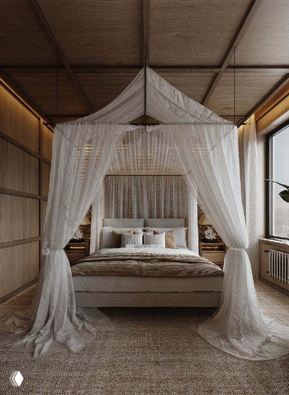 Мастер-спальня в стиле бунгало с большой кроватью и воздушным белым балдахином, деревянными панелями и мягким периметральным освещением.