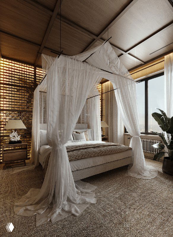 Уютный вид сбоку на спальню: плетеные элементы, тёплые деревянные тона, ковровое покрытие и воздушная драпировка вокруг кровати.