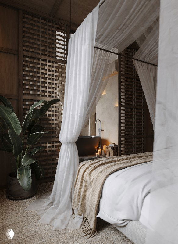 Интерьер у изножья кровати: драпировка балдахина, декоративные деревянные перегородки, зелёное растение и намёк на каменное подиумное место для ванны.