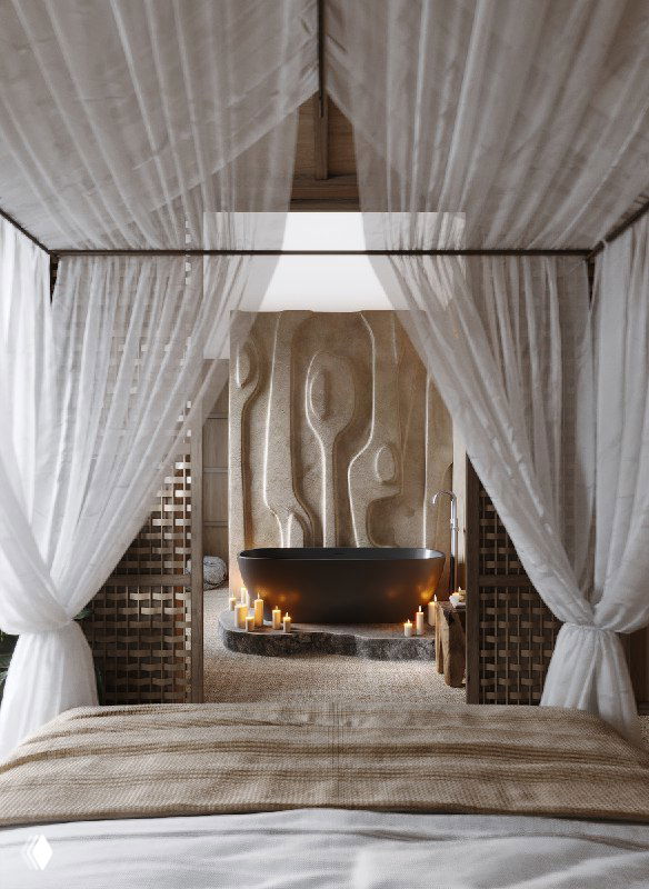 Вид спальной зоны с балдахином: в глубине кадра отдельно стоящая ванна на фоне рельефного панно, свечи на полу и мягкое световое полотно сверху
