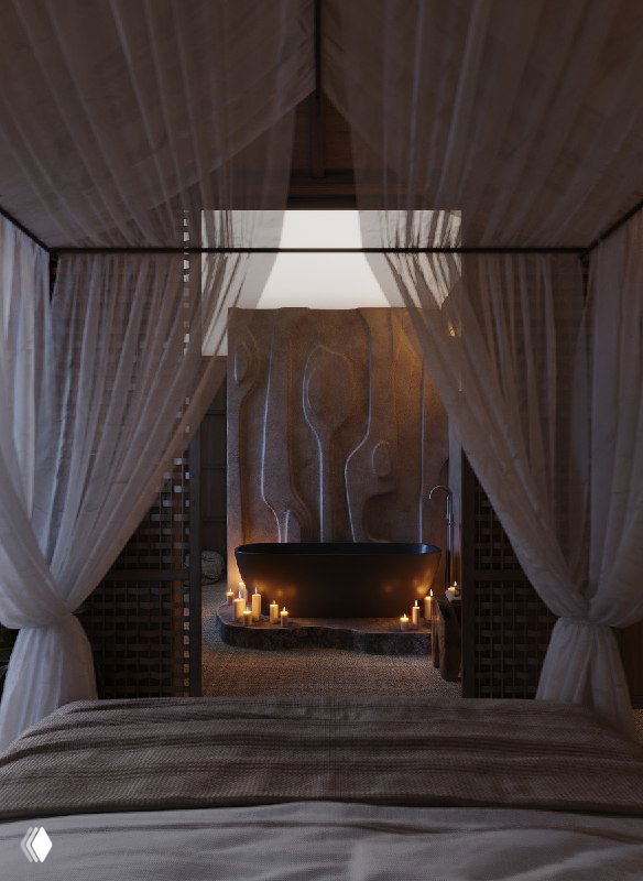 Ночное освещение интерьера: ванна у входа в спальню, свечи и тёплые бра подчёркивают фактуру рельефного панно и текстуры материалов