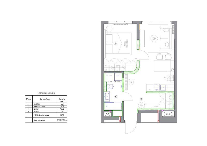 План квартиры в финальном варианте: схема с размерами и зонированием — кухня-гостиная, спальня, гардероб и просторный санузел в проекте