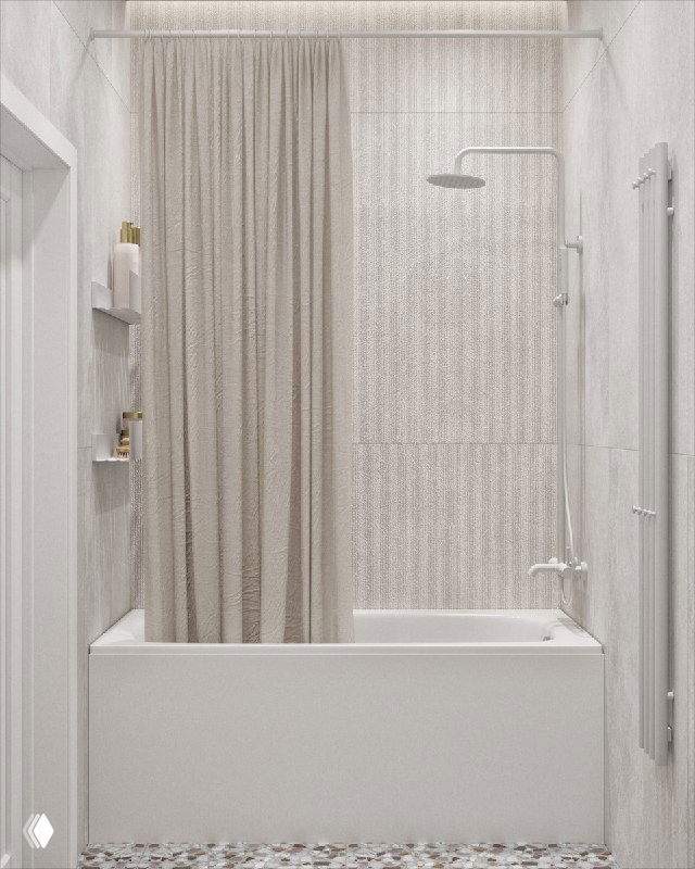 Душевая зона с ванной и шторкой, выделенная рельефной светлой плиткой — акцент на фактуре плитки и ощущении простора в небольшом пространстве.