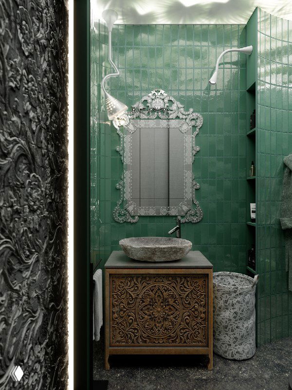 Тропическая душевая с зелёной плиткой Equipeceramicas, резной тумбой и каменной раковиной в аутентичном стиле.