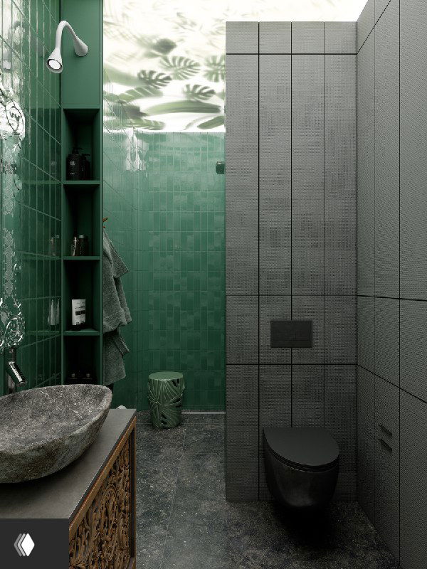 Душевая зона с зелёной плиткой, стеклянной перегородкой и потолком с тенью пальмовых листьев, вид на встроенные полки.