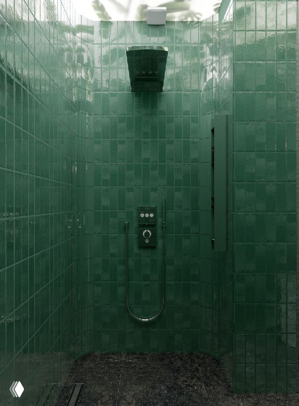 Душ в стиле водопада в зелёной плитке: лейка сверху, ниша для аксессуаров и панель управления душем с эффектом водопада.