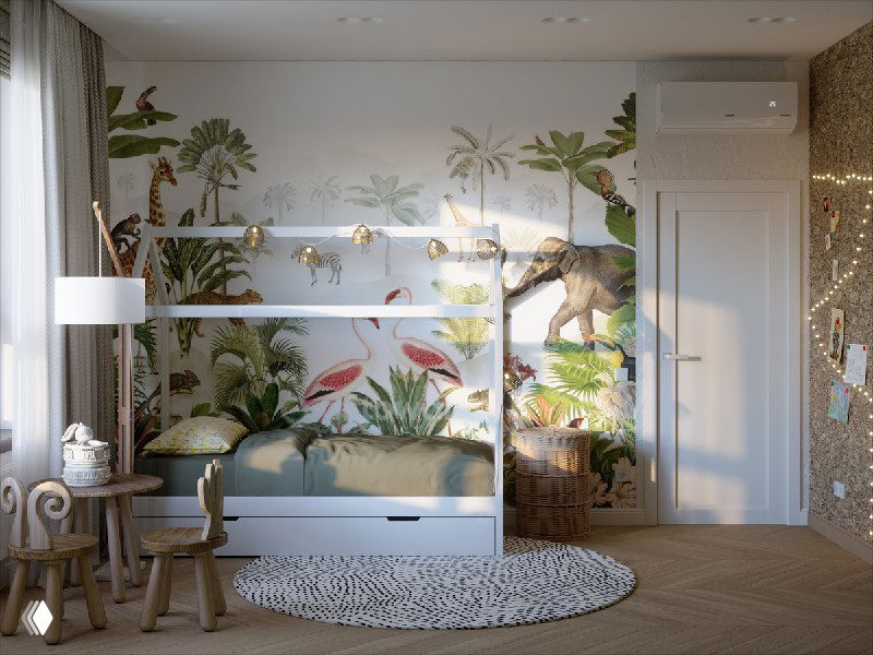 Интерьер детской в минималистичном экзотическом стиле: кровать у стены на фоне панорамных обоев Alltowall с африканскими животными, круглый ковер и декоративные растения.