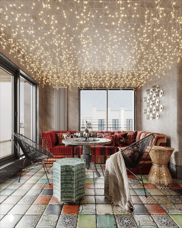 Кабинет в индийском стиле: бархатный диван, резной стеллаж, плетёная мебель, гирляндная подсветка на потолке и яркая разноцветная плитка на полу.