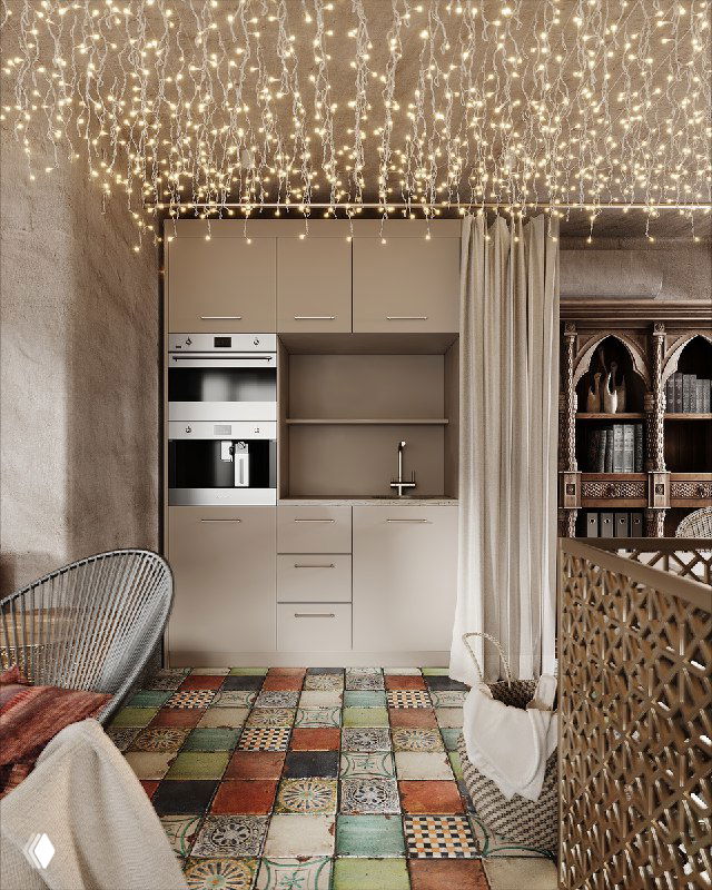 Мини-кухня и проход на террасу: компактная встроенная мебель, занавеска вместо двери и декоративные резные элементы в индийском стиле.